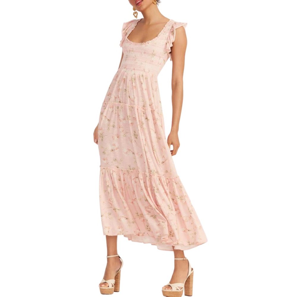 LoveShackFancy Women's "Chessie" Ballet Pink Floral Smocked Maxi Dress - Picture 1 of 12